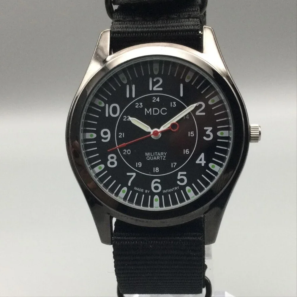 MDC Military Quartz Mens Watch 40mm Black Dial Silver Tone Nylon New Battery